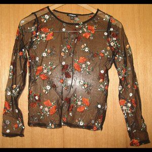 Express Black Shear Top with Floral Embroidery